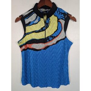 Jamie Sadock Polo Shirt Womens Medium Blue Yellow Abstract Golf Sleeveless Top